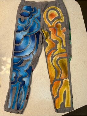 Hand-Painted Abstract Colorblock Pants - Blue & Yellow-Orange Artwork